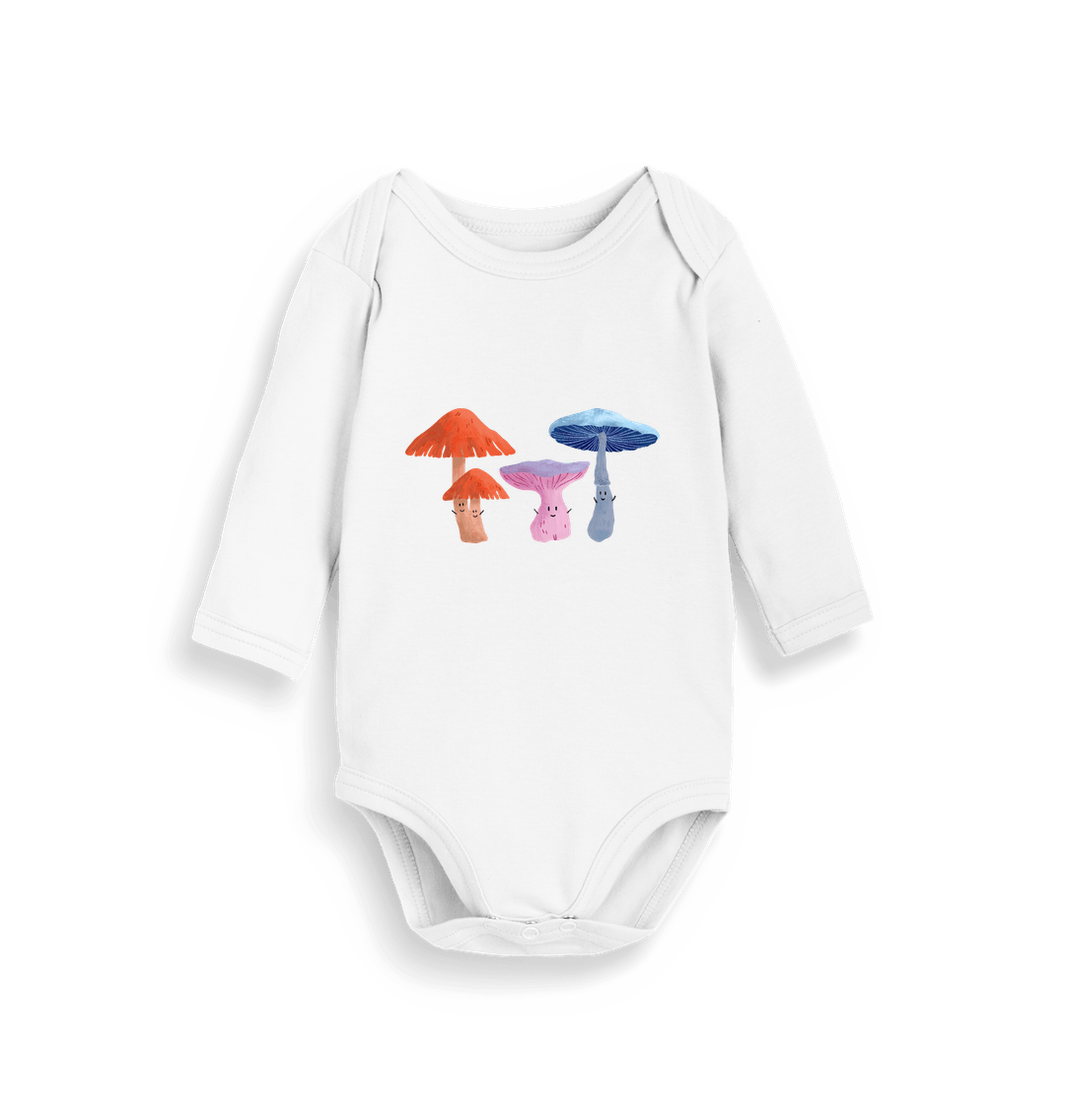 Organic White Happy Fungi Baby Organic Long Sleeve Bodysuit