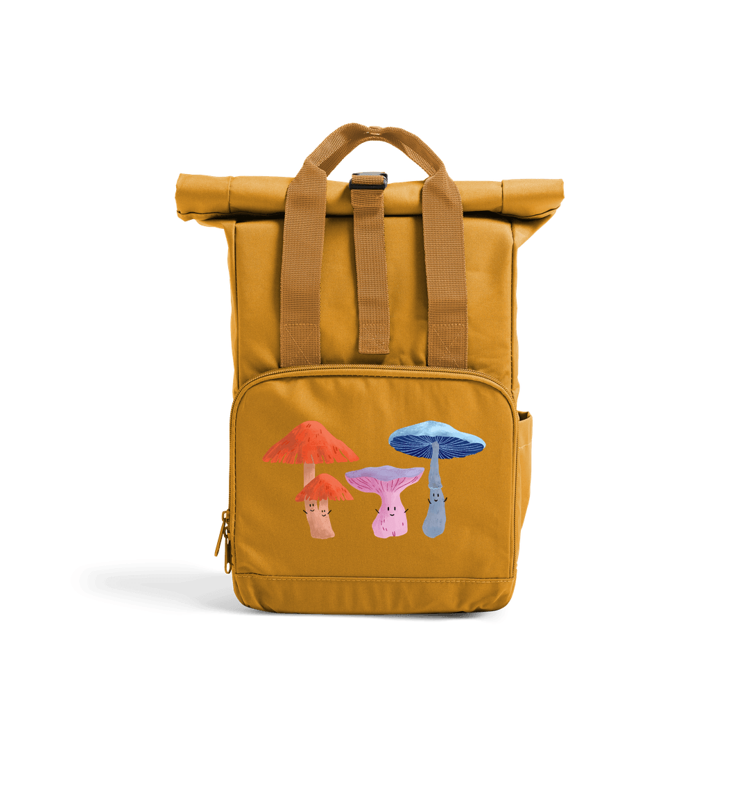 Mustard Happy Fungi Design - Mini Rolled-Top Backpack