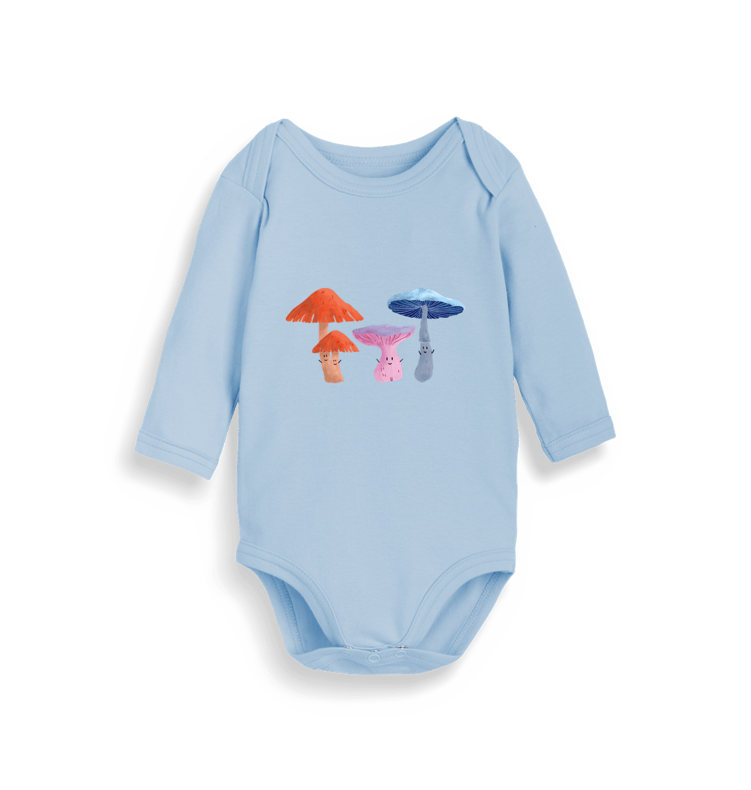 Organic Dusty Blue Happy Fungi Baby Organic Long Sleeve Bodysuit