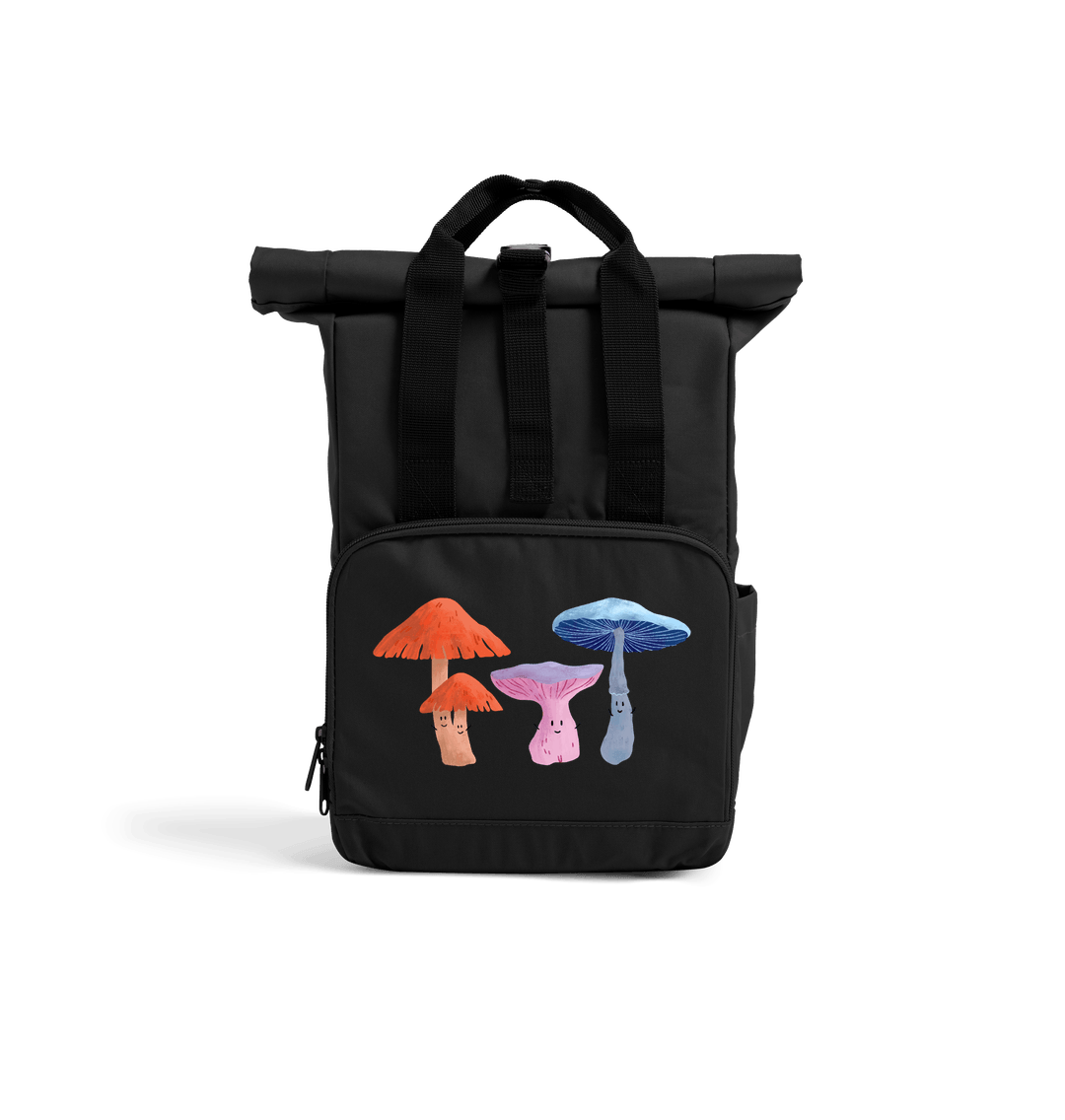 Black Happy Fungi Design - Mini Rolled-Top Backpack