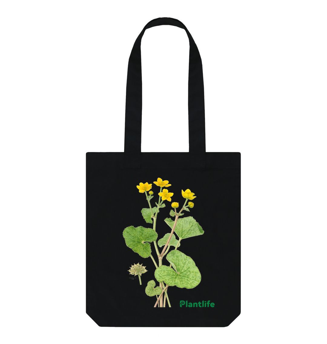 Black Plantlife Design Tote Bag - Caltha palustris (Marsh Marigold)