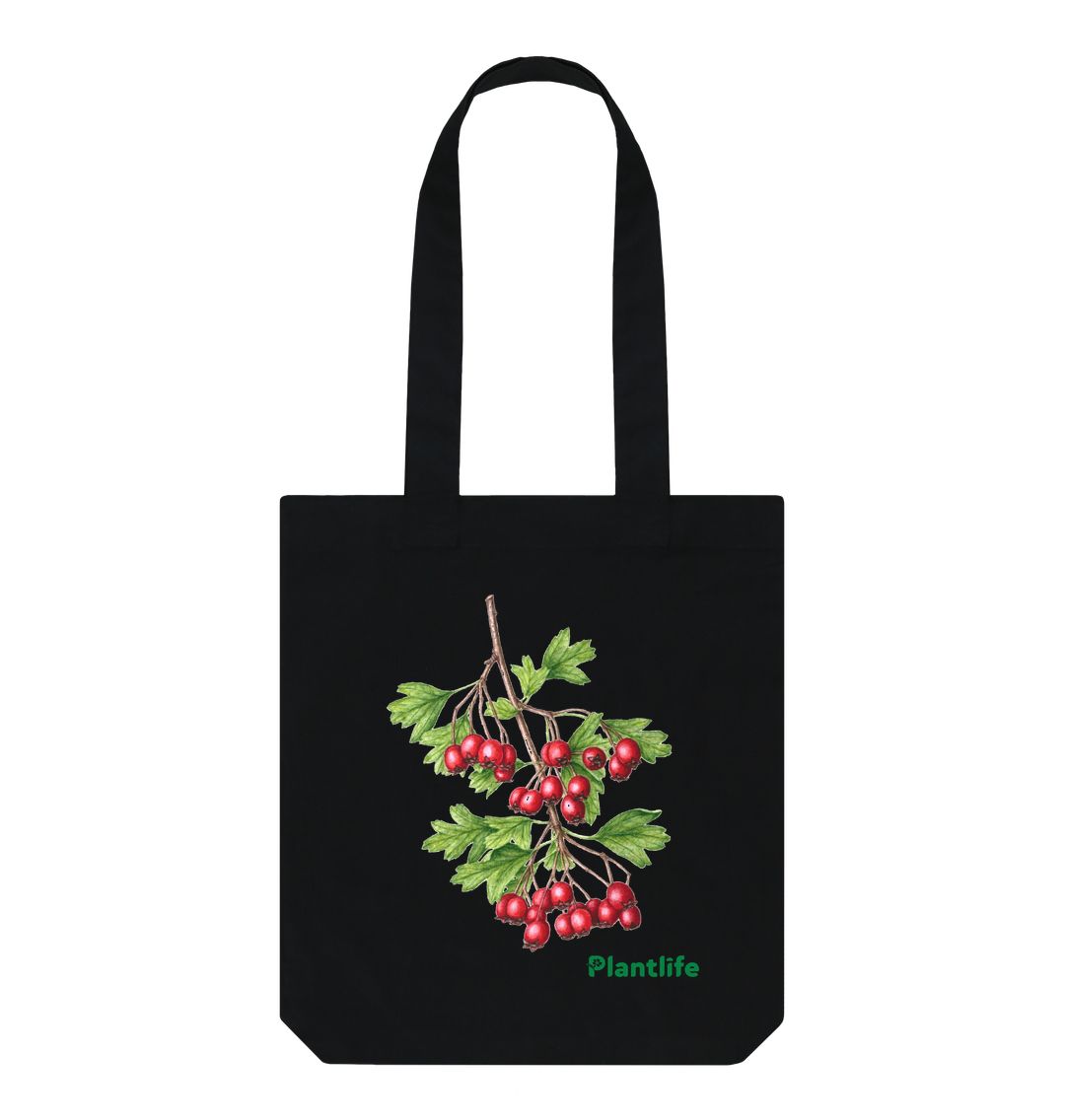 Black Plantlife Design Tote Bag - Crataegus monogyna (Common Hawthorn)