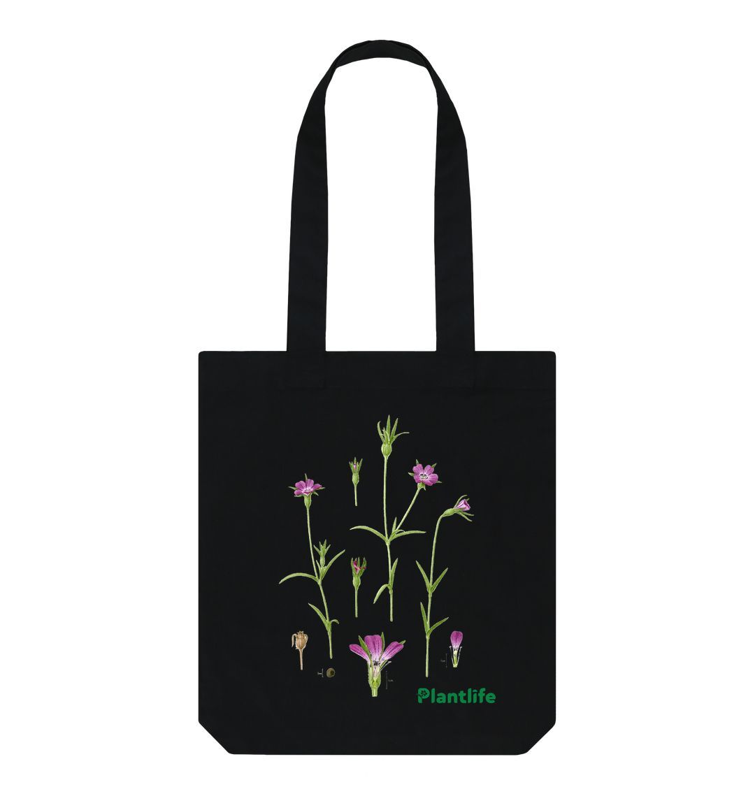 Black Plantlife Design Tote Bag- Agrostemma githago  (Corncockle)